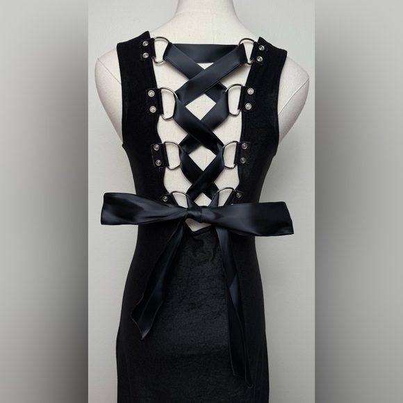 Vintage 90's Contempo Casuals D Ring Corset Back Black Slit Maxi Dress Medium - Picture 3 of 12